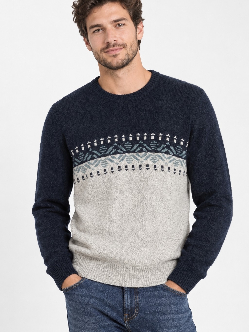 RW&CO Men's M Fair Isle Sweater Blue Gray Nordic Colorblock Fall Preppy Holiday